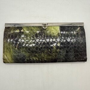 Vtg‎ Green Snakeskin Print Faux Leather Frame Wallet Accordion Clasp Closure